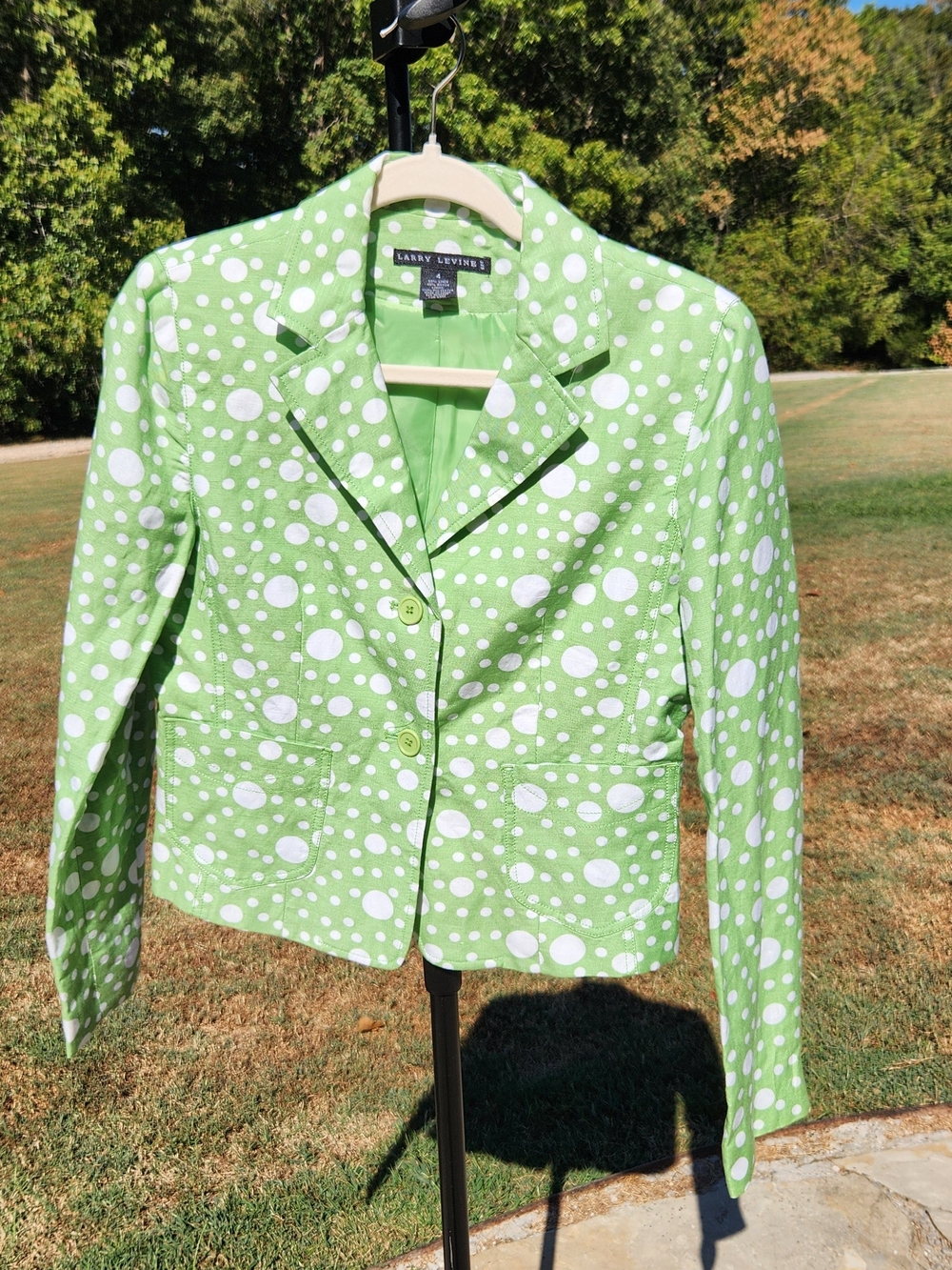 Vintage Larry Levine Green & White Polka Dot Linen-Blend Blazer Jacket - Size 4